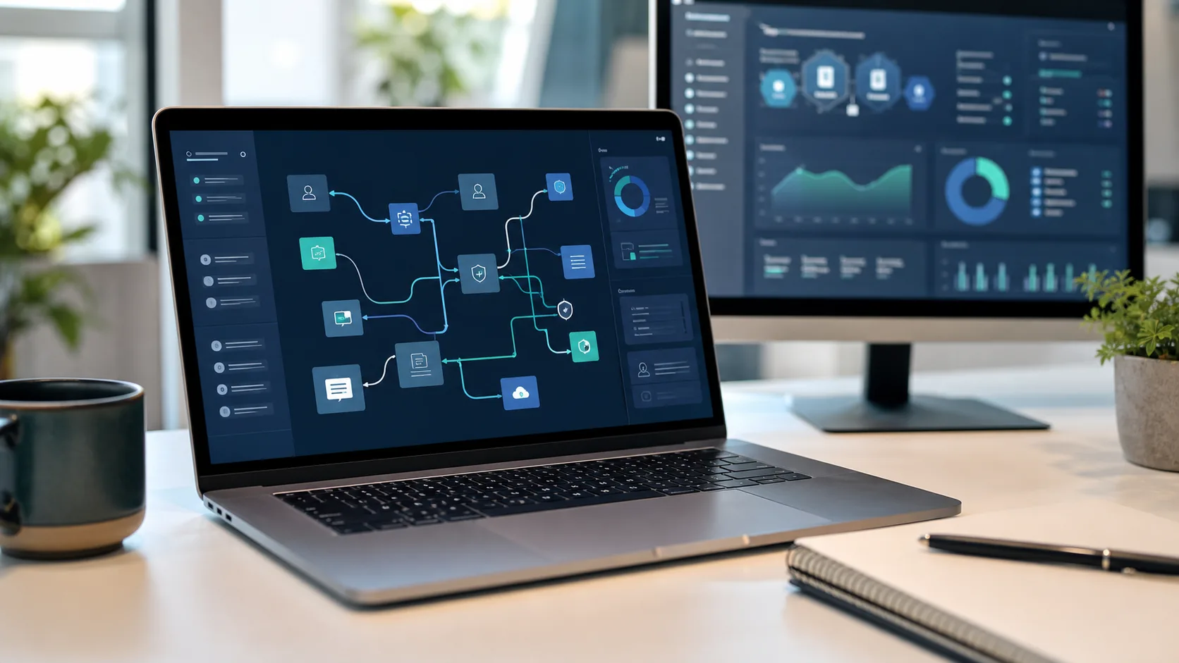 Werkplek met abstract dashboard voor systeemintegraties en automatisering